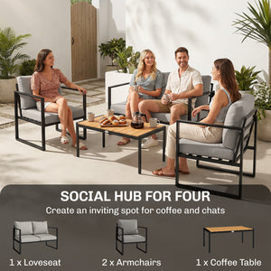 Outdoor Garden Furniture Set, 4 Piece Patio Furniture with Slatted Table, Loveseat and Armchairs, Indoor Outdoor Balcony Patio Conservatory Set with Metal Frame and Cushions, Grey