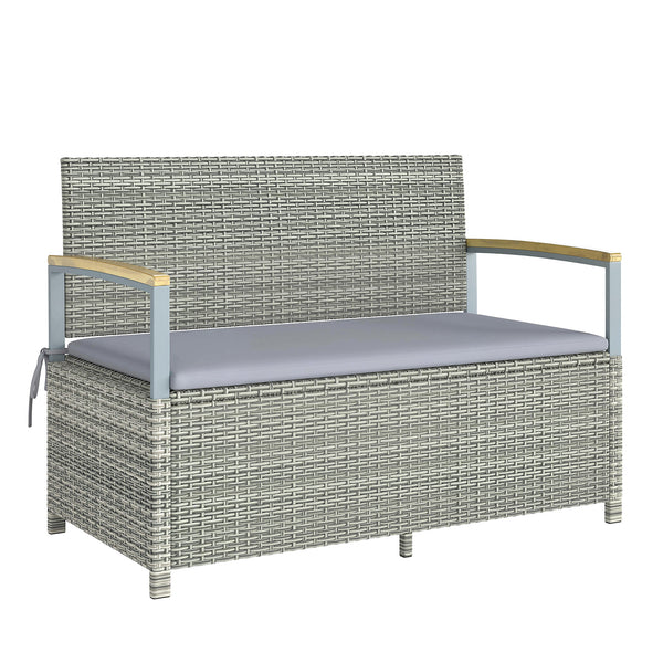 144 L Garden Storage Bench with Zipped Liner, 2 Seater PE Rattan Garden Bench with Storage, Gas Strut, Acacia Wood Top Armrests, Cushion, Patio Outdoor Benches Chest Container, Light Grey