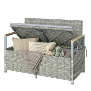 144 L Garden Storage Bench with Zipped Liner, 2 Seater PE Rattan Garden Bench with Storage, Gas Strut, Acacia Wood Top Armrests, Cushion, Patio Outdoor Benches Chest Container, Light Grey