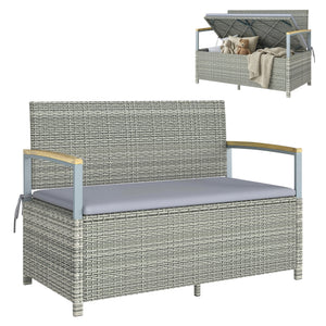 144 L Garden Storage Bench with Zipped Liner, 2 Seater PE Rattan Garden Bench with Storage, Gas Strut, Acacia Wood Top Armrests, Cushion, Patio Outdoor Benches Chest Container, Light Grey