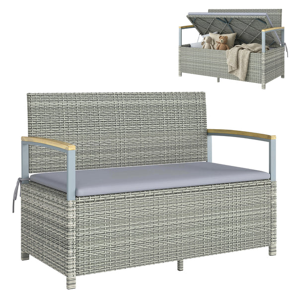 144 L Garden Storage Bench with Zipped Liner, 2 Seater PE Rattan Garden Bench with Storage, Gas Strut, Acacia Wood Top Armrests, Cushion, Patio Outdoor Benches Chest Container, Light Grey