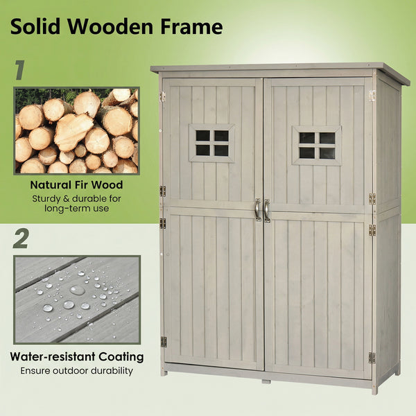 Wooden storage shed with natural fir wood and water-resistant coating features on a green background.