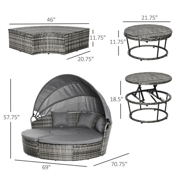 Outsunny 4 Piece Round Rattan Daybed, Convertible Patio Furniture Set, Adjustable Sun Canopy, Sectional Outdoor Sofa, 2 Chairs, Extending Tea Table Ottoman Chair, 3 Pillows, Gray