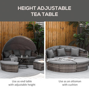 Outsunny 4 Piece Round Rattan Daybed, Convertible Patio Furniture Set, Adjustable Sun Canopy, Sectional Outdoor Sofa, 2 Chairs, Extending Tea Table Ottoman Chair, 3 Pillows, Gray