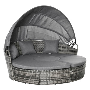 Outsunny 4 Piece Round Rattan Daybed, Convertible Patio Furniture Set, Adjustable Sun Canopy, Sectional Outdoor Sofa, 2 Chairs, Extending Tea Table Ottoman Chair, 3 Pillows, Gray