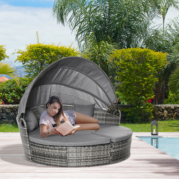 Outsunny 4 Piece Round Rattan Daybed, Convertible Patio Furniture Set, Adjustable Sun Canopy, Sectional Outdoor Sofa, 2 Chairs, Extending Tea Table Ottoman Chair, 3 Pillows, Gray