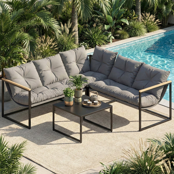 4 Piece Garden Furniture Set, Garden Table and Chairs with Thick Cushions, Patio Conversation Set with Coffee Table for Porch, Balcony, Deck, Grey