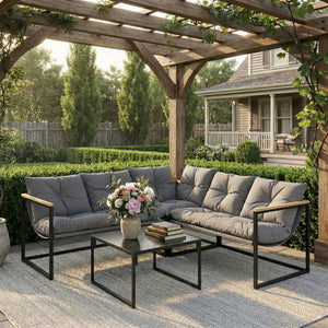 4 Piece Garden Furniture Set, Garden Table and Chairs with Thick Cushions, Patio Conversation Set with Coffee Table for Porch, Balcony, Deck, Grey