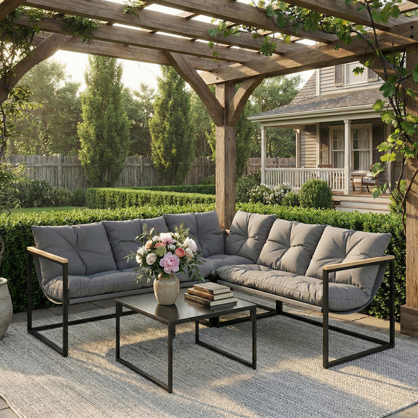 4 Piece Garden Furniture Set, Garden Table and Chairs with Thick Cushions, Patio Conversation Set with Coffee Table for Porch, Balcony, Deck, Grey
