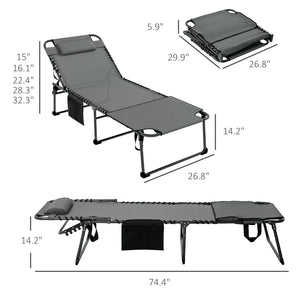 Outsunny Folding Chaise Lounge with 5-level Reclining Back, Tanning Chair with Face Hole, Outdoor Lounge Chair with Side Pocket & Headrest for Beach, Yard, Patio, Gray