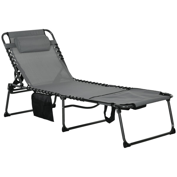 Outsunny Folding Chaise Lounge with 5-level Reclining Back, Tanning Chair with Face Hole, Outdoor Lounge Chair with Side Pocket & Headrest for Beach, Yard, Patio, Gray