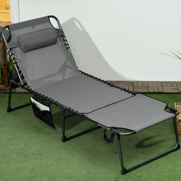 Outsunny Folding Chaise Lounge with 5-level Reclining Back, Tanning Chair with Face Hole, Outdoor Lounge Chair with Side Pocket & Headrest for Beach, Yard, Patio, Gray