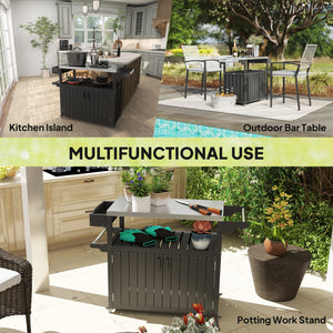 Outdoor Bar Cart with Storage Cabinet, Stainless Steel Top Kitchen Island on Wheels, HDPE Outdoor Bar Table, Movable Patio Beverage Food Prep Table for BBQ Picnic, Black