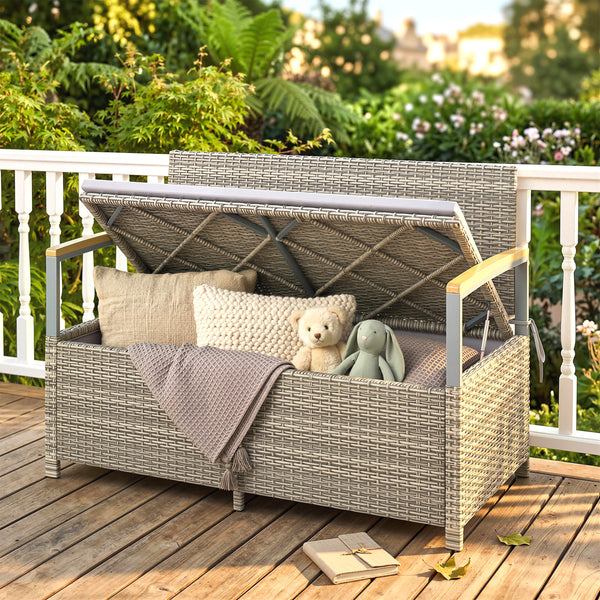 144 L Garden Storage Bench with Zipped Liner, 2 Seater PE Rattan Garden Bench with Storage, Gas Strut, Acacia Wood Top Armrests, Cushion, Patio Outdoor Benches Chest Container, Light Grey