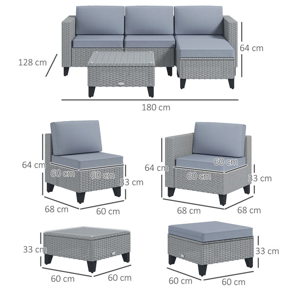5 Pieces PE Rattan Garden Furniture Set, 4 Seater Garden Corner Sofa Set with Glass Coffee Table, Wicker Outdoor Furniture Set with Cushions for Patio Deck, Grey