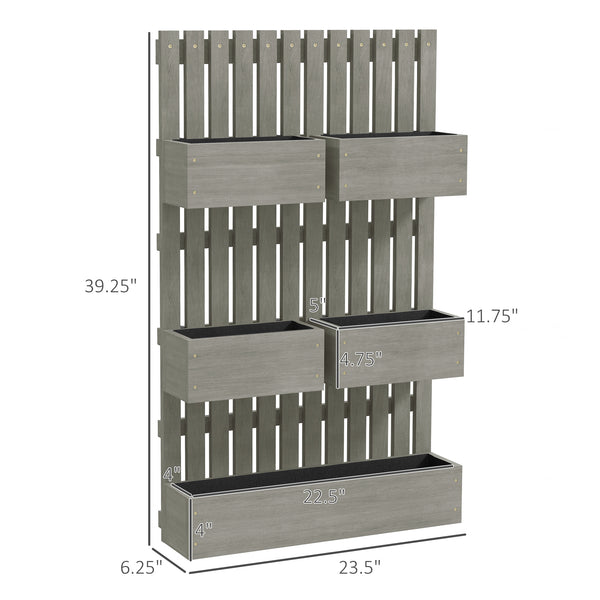 Outsunny 5 Box Raised Garden Bed with Trellis for Vine Flowers & Climbing Plants, 39" Tall Wall-Mounted Wood Planter Box Set with Adjustable Height, Drainage Hole, Gray