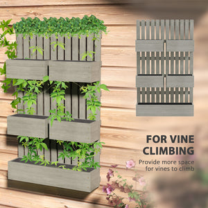 Outsunny 5 Box Raised Garden Bed with Trellis for Vine Flowers & Climbing Plants, 39" Tall Wall-Mounted Wood Planter Box Set with Adjustable Height, Drainage Hole, Gray