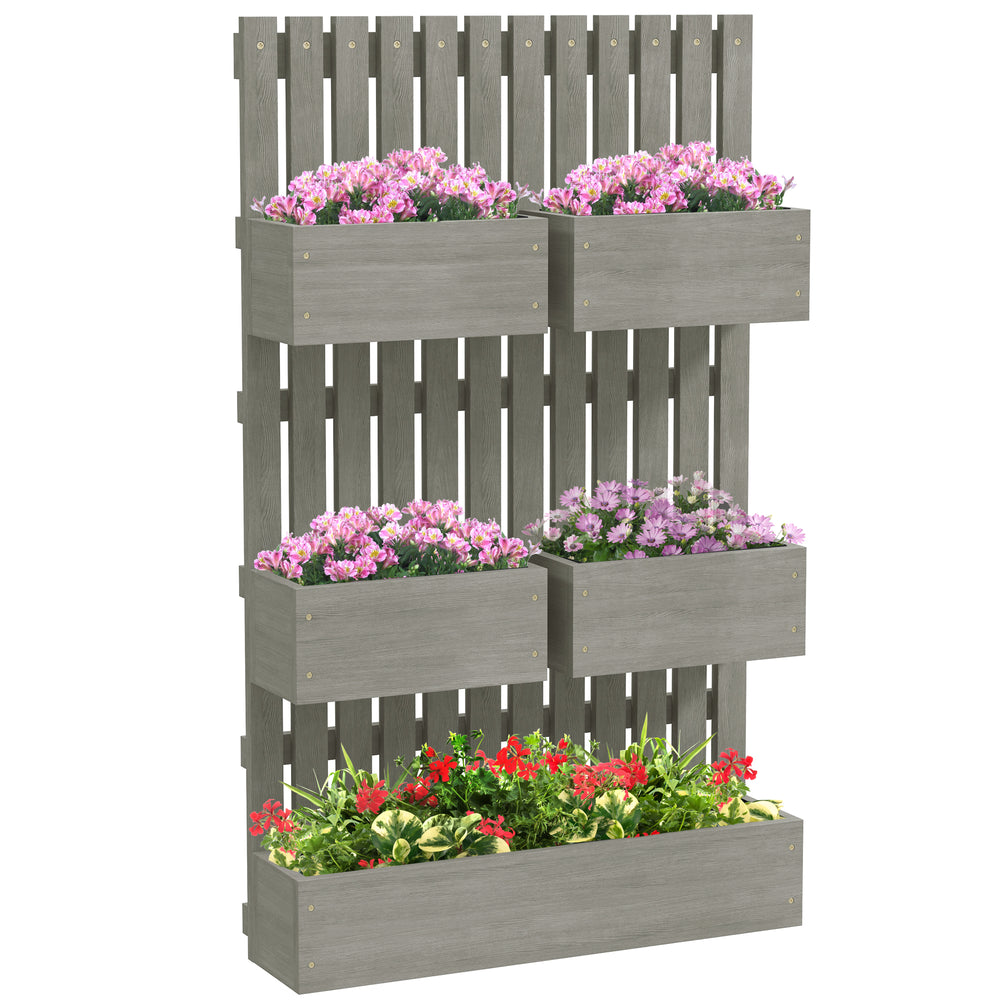 Outsunny 5 Box Raised Garden Bed with Trellis for Vine Flowers & Climbing Plants, 39" Tall Wall-Mounted Wood Planter Box Set with Adjustable Height, Drainage Hole, Gray