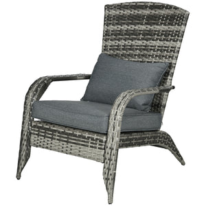 Patio Wicker Adirondack Chair, Outdoor PE Rattan Fire Pit Chair, Muskoka Chair w/ Soft Cushions, Tall Curved Backrest and Comfortable Armrests for Deck Garden, Grey
