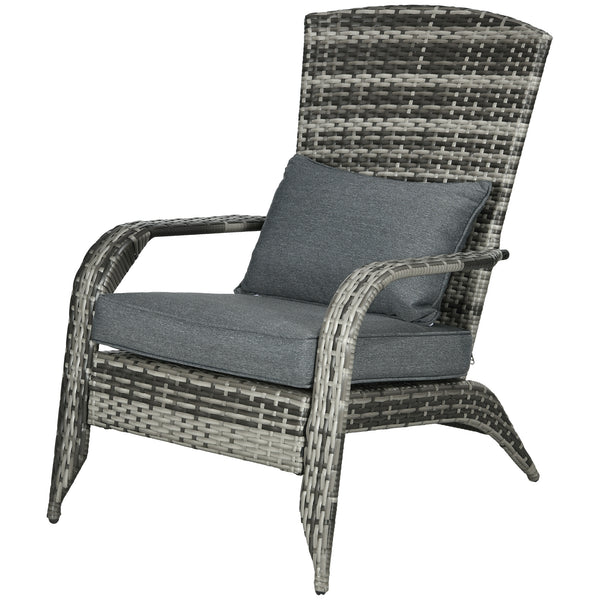 Patio Wicker Adirondack Chair, Outdoor PE Rattan Fire Pit Chair, Muskoka Chair w/ Soft Cushions, Tall Curved Backrest and Comfortable Armrests for Deck Garden, Grey