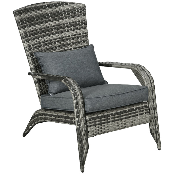 Patio Wicker Adirondack Chair, Outdoor PE Rattan Fire Pit Chair, Muskoka Chair w/ Soft Cushions, Tall Curved Backrest and Comfortable Armrests for Deck Garden, Grey