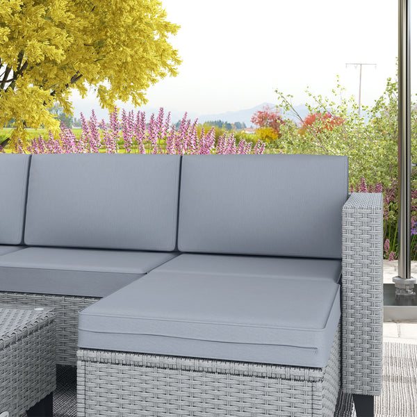5 Pieces PE Rattan Garden Furniture Set, 4 Seater Garden Corner Sofa Set with Glass Coffee Table, Wicker Outdoor Furniture Set with Cushions for Patio Deck, Grey