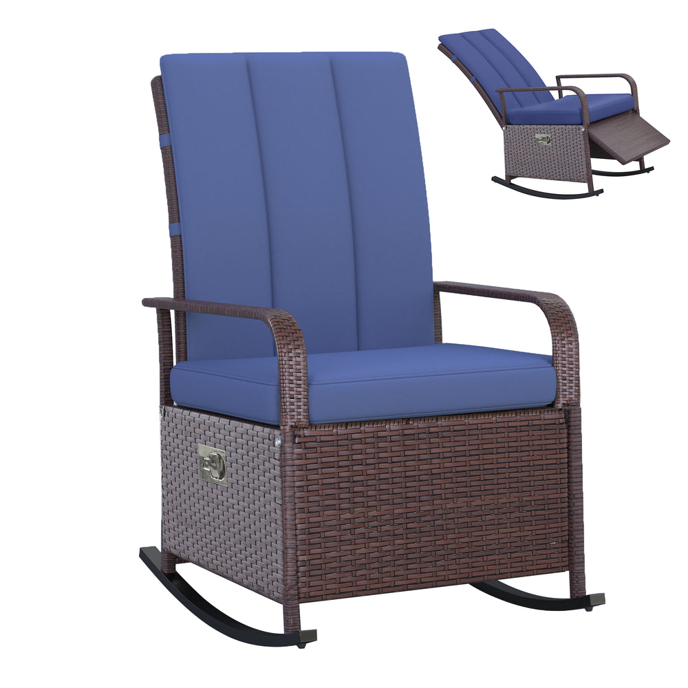 Outdoor Wicker Rocking Chair with Cushion, Patio PE Rattan Recliner Chair with Adjustable Footrest, Armrests, Dark Blue