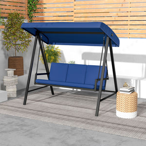 Outsunny 3-Seat Outdoor Porch Swing with Stand, Heavy Duty Patio Swing Chair with Adjustable Canopy, Removable Cushions, Breathable Mesh Seat for Garden, Backyard, and Poolside, Blue