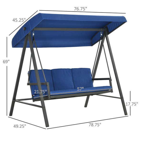 Outsunny 3-Seat Outdoor Porch Swing with Stand, Heavy Duty Patio Swing Chair with Adjustable Canopy, Removable Cushions, Breathable Mesh Seat for Garden, Backyard, and Poolside, Blue