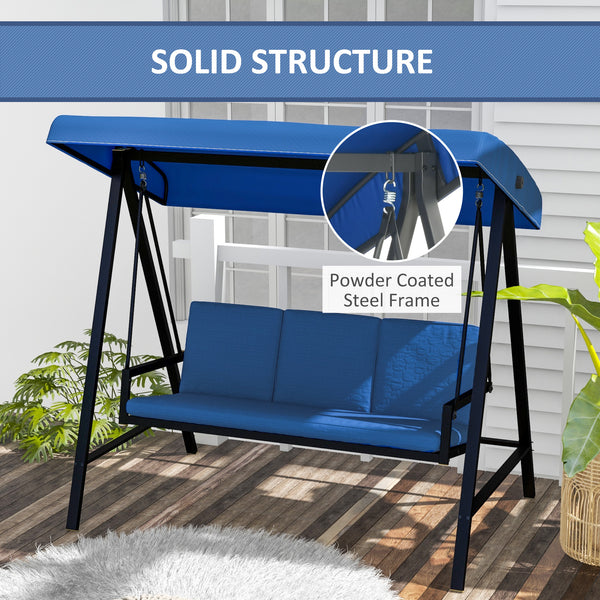 Outsunny 3-Seat Outdoor Porch Swing with Stand, Heavy Duty Patio Swing Chair with Adjustable Canopy, Removable Cushions, Breathable Mesh Seat for Garden, Backyard, and Poolside, Blue