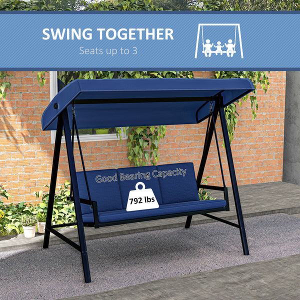 Outsunny 3-Seat Outdoor Porch Swing with Stand, Heavy Duty Patio Swing Chair with Adjustable Canopy, Removable Cushions, Breathable Mesh Seat for Garden, Backyard, and Poolside, Blue