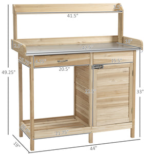 Outsunny Outdoor Potting Bench Table, Garden Work Station with Storage Cabinet, Open Shelf and Steel Tabletop, Natural