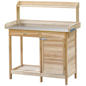 Outsunny Outdoor Potting Bench Table, Garden Work Station with Storage Cabinet, Open Shelf and Steel Tabletop, Natural