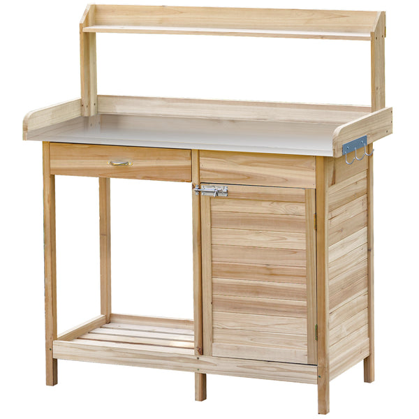 Outsunny Outdoor Potting Bench Table, Garden Work Station with Storage Cabinet, Open Shelf and Steel Tabletop, Natural