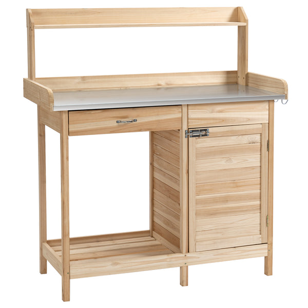 Outsunny Outdoor Potting Bench Table, Garden Work Station with Storage Cabinet, Open Shelf and Steel Tabletop, Natural