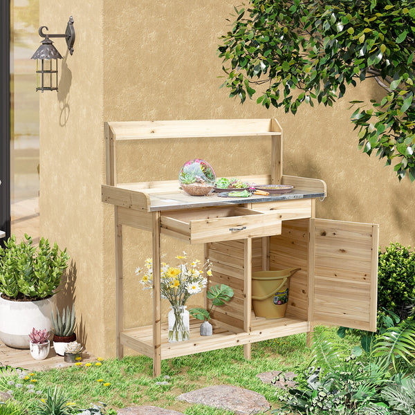 Outsunny Outdoor Potting Bench Table, Garden Work Station with Storage Cabinet, Open Shelf and Steel Tabletop, Natural