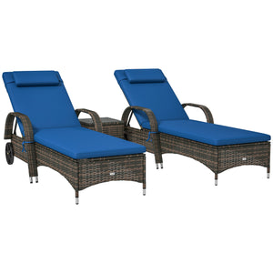 Outsunny 3-Piece Wicker Outdoor Lounge Chairs Set with Side Table, PE Rattan Patio Lounge Chair Set with 5-Level Adjustable Backrest, Wheels, Cushion & Headrest, Chaise Lounge Chair Set, Blue