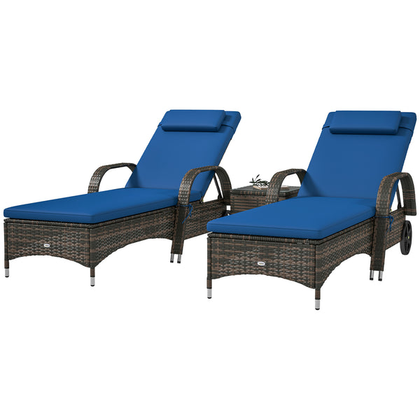 Outsunny 3-Piece Wicker Outdoor Lounge Chairs Set with Side Table, PE Rattan Patio Lounge Chair Set with 5-Level Adjustable Backrest, Wheels, Cushion & Headrest, Chaise Lounge Chair Set, Blue