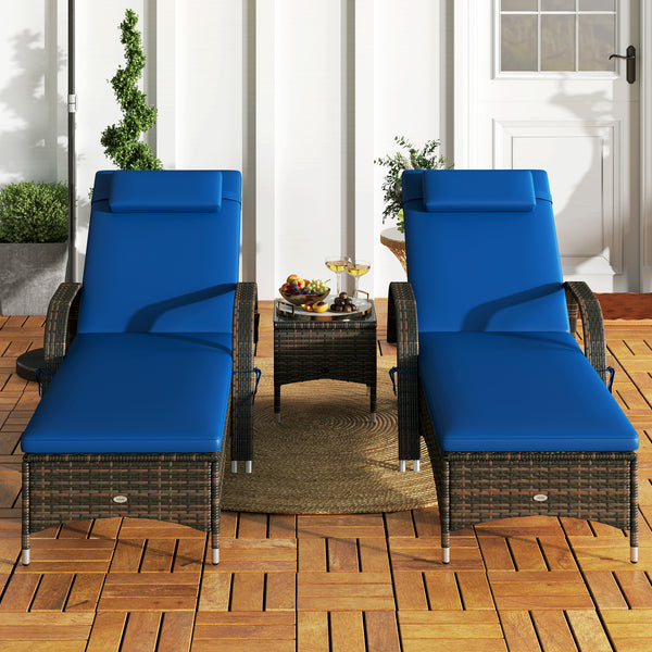 Outsunny 3-Piece Wicker Outdoor Lounge Chairs Set with Side Table, PE Rattan Patio Lounge Chair Set with 5-Level Adjustable Backrest, Wheels, Cushion & Headrest, Chaise Lounge Chair Set, Blue