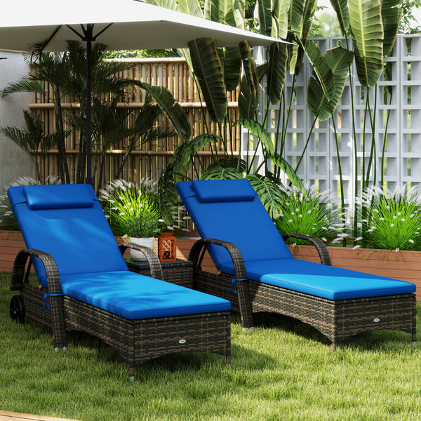 Outsunny 3-Piece Wicker Outdoor Lounge Chairs Set with Side Table, PE Rattan Patio Lounge Chair Set with 5-Level Adjustable Backrest, Wheels, Cushion & Headrest, Chaise Lounge Chair Set, Blue