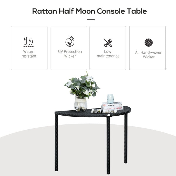 Half Round Side Table, PE Rattan Narrow Coffee Table with Metal Frame for Patio, Garden, Balcony, 39.4" x 19.7" x 29.1", Black