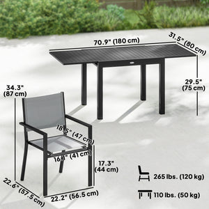 7 Pieces Outdoor Dining Set, Aluminum Patio Table and Chairs Set for 6 with Extendable Slatted Tabletop and Stackable Chairs, All-Weather Patio Dining Table and Chairs