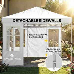 9.6 x 9.6 ft Pop Up Canopy Tent with Sidewalls, One Button Push Setup, UPF50+ Outdoor Portable Instant Canopy Shelter with Carry Bag, Sandbags, Adjustable Height for Parties Events, White