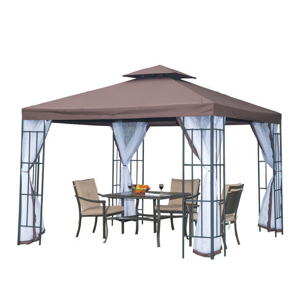 3 x 3(m) Patio Gazebo Canopy Garden Pavilion Tent Shelter with 2 Tier Roof and Mosquito Netting, Steel Frame, Coffee