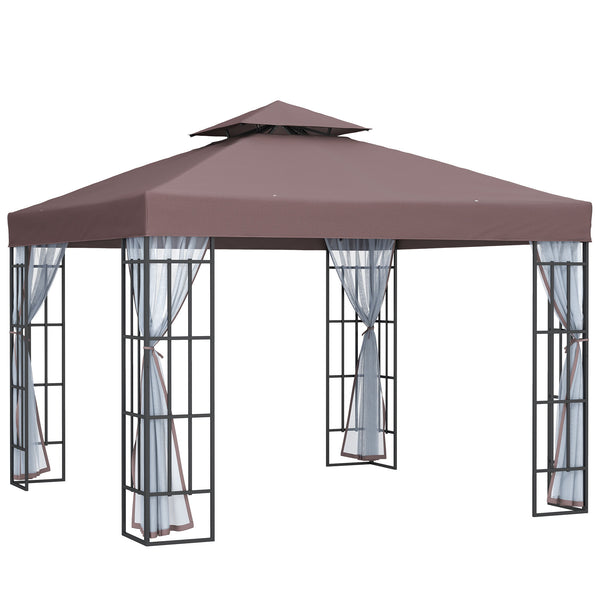 3 x 3(m) Patio Gazebo Canopy Garden Pavilion Tent Shelter with 2 Tier Roof and Mosquito Netting, Steel Frame, Coffee