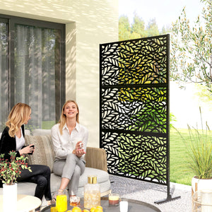 Metal Outdoor Privacy Screen, 78" x 48" Freestanding Outdoor Divider with Stand, Decorative Privacy Panel with Willow Branch Cut-out Design for Garden Backyard, Black