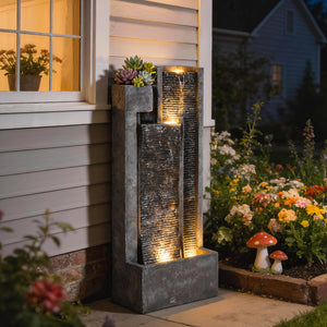 Water Feature with LED Lights and Planter, 3-Tier Garden Water Fountain with Pump, Resin Freestanding Waterfall Feature for Patio Garden, Dark Grey