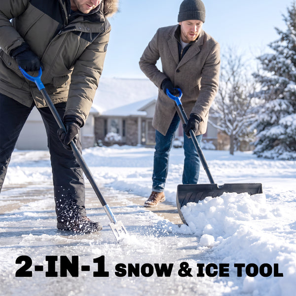2-in-1 Snow Shovel and Ice Scraper, 22" Heavy Duty Snow Pusher with Metal Wear Strip, Detachable Ergonomic Handle for Driveway, Sidewalk, Camping, Outdoor Use, Black
