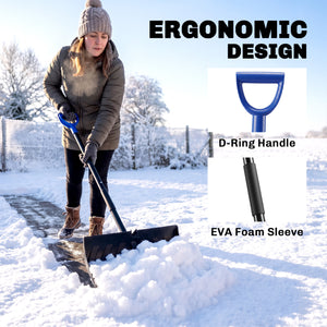 2-in-1 Snow Shovel and Ice Scraper, 22" Heavy Duty Snow Pusher with Metal Wear Strip, Detachable Ergonomic Handle for Driveway, Sidewalk, Camping, Outdoor Use, Black