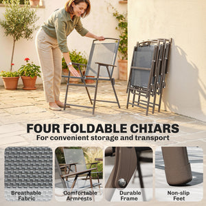 6 Piece Garden Dining Set with Umbrella, Patio Sets with Parasol, 4 Folding Dining Chairs & Round Tempered Glass Table, Dark Grey
